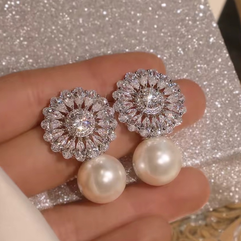 Anthropologie Crystal Sunburst Pearl Drop Earrings - White & Silver